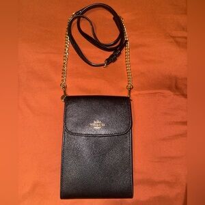 Coach Black Leather Phone Crossbody Bag | Gold Chain Strap | EUC